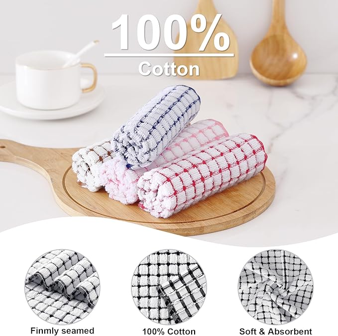 Kitinjoy Cotton 12 Pack Terry Kitchen Dish Cloths, 12 x 12 Inches Super Soft and Absorbent Dish Rags, Quick Drying Dish Towels for Washing Dishes, Black