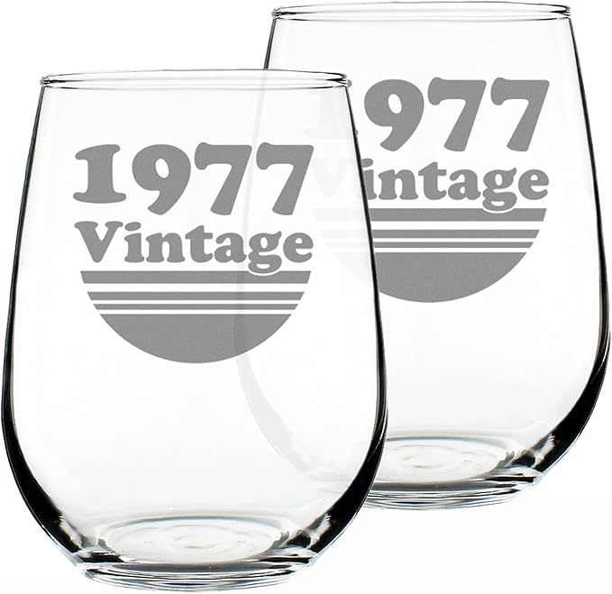Bevvee Vintage 1977 Stemless Wine Glass - 49th Birthday Gifts for Women & Men Turning 49 - Bday Party Decor - Set of 2 - Large 17 oz