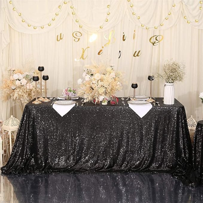 Eternal Beauty Black Tablecloth, 60x120 Inch Sequin Rectangle Table Cover for Cake Dessert Exhibition Party Birthday Events