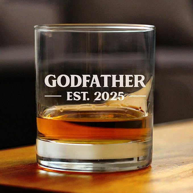 Bevvee Godfather Est 2025 - New Godfather Whiskey Rocks Glass Proposal Gift for First Time Godparents - Bold 10.25 Oz Glasses