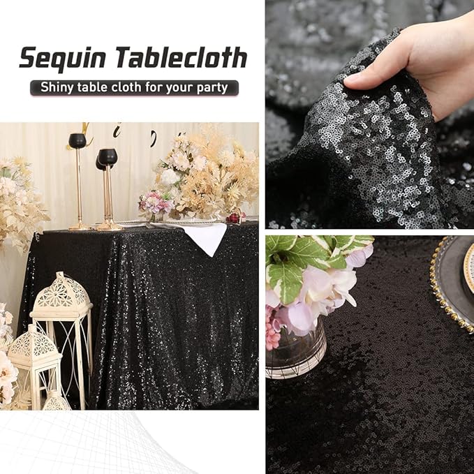Eternal Beauty Black Tablecloth, 90x156 Inch Sequin Rectangle Table Cover for Cake Dessert Exhibition Party Birthday Events