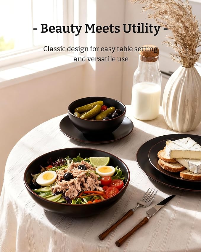 Famiware Venus Speckled Dinnerware Set with Pasta Bowls, Service for 4 (16 Pieces), Stoneware Plates and Double Bowls Sets, Microwave & Dishwasher-Safe Dishes with Trim, Matte Black