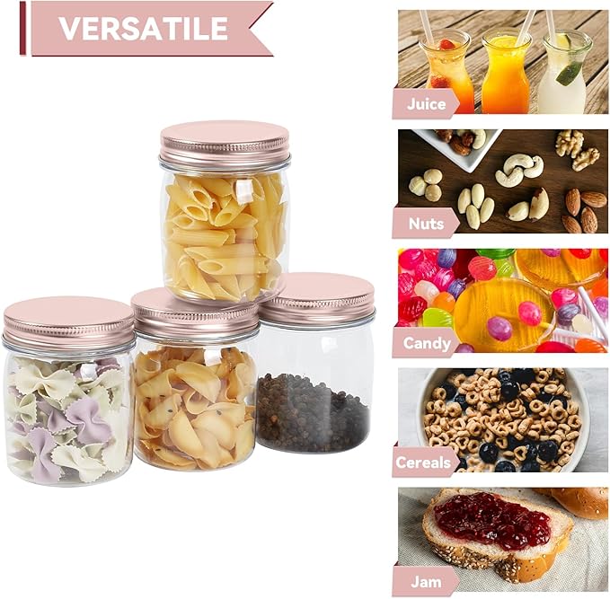 novelinks 8 oz Clear Plastic Jars with Airtight Lids, 32 Pack Plastic Mason Jars with Lids 8oz, Refillable Storage Slime Containers & Small Spice Jar for Kitchen Organization (32 Pack,Rose Gold)