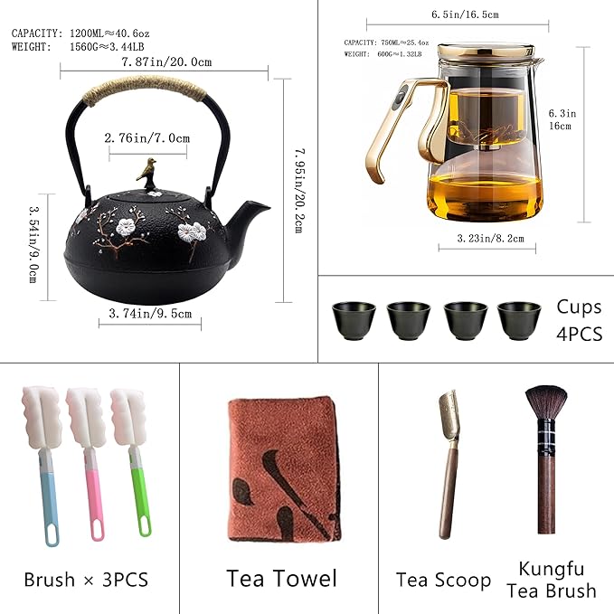 Magnetic Glass Teapot Set with 40.6oz Cast Iron Kettle for Stovetop, 25.4oz Small Enchanted Brewing Tea Pot, Witchcraft Magic Borosilicate Tea Set with Strainer for Loose Leaf