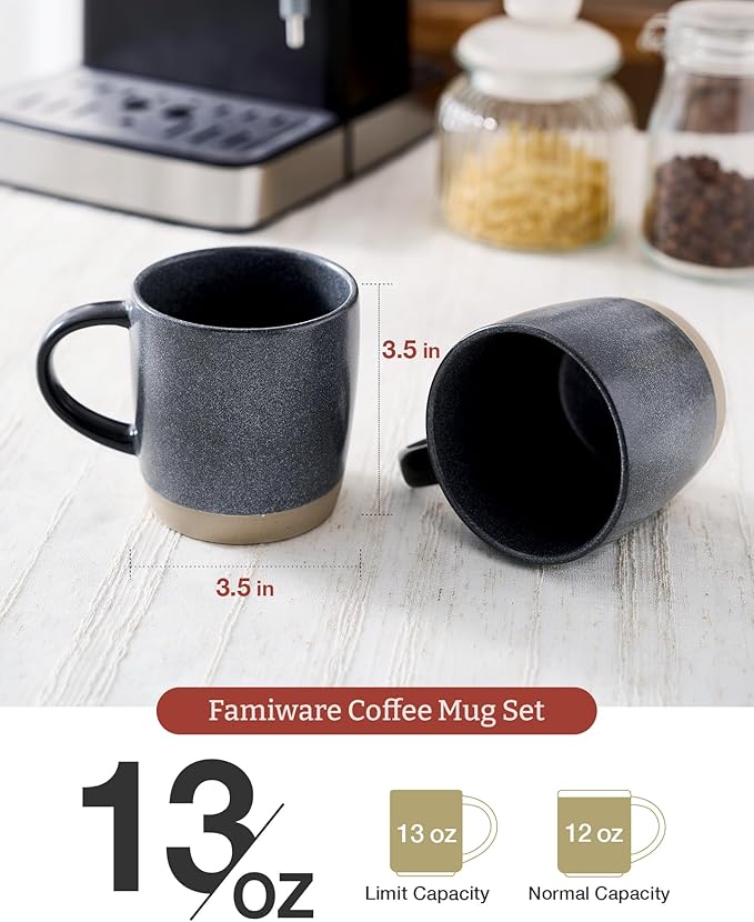 famiware Coffee Mugs Set of 6, Milkyway 13 oz Mug Set, Ceramic Cup Set with Handle for Coffee, Tea, Cocoa, Milk, Matte Dark Charcoal