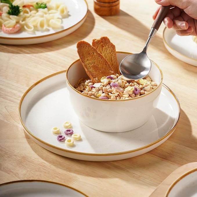Yachi Plates and Bowls Sets, 12 Pieces Modern Porcelain Dinnerware Set for 4 Kitchen Dinner Set Ceramic Dishware Dishes Set Microwave and Dishwasher Safe, White, Series