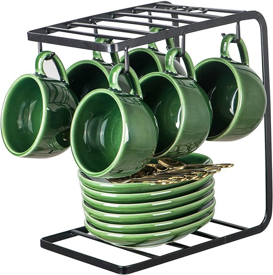 vicrays Ceramic Espresso Coffee Cups - 4 oz Porcelain Espresso Cups Set with Saucers Spoons and Metal Stand for Tea Cafe Cappuccino Latte - Set of 6 - Green