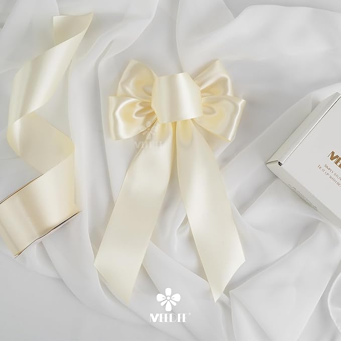 MEEDEE 2 Inch Ivory Satin Ribbon Lux Double Faced Ribbon by 25 Yards Ivory Silk Ribbons Beige Satin Ribbons for Gift Wrapping, Weddings, Flower Bouquet, Holiday Decorating