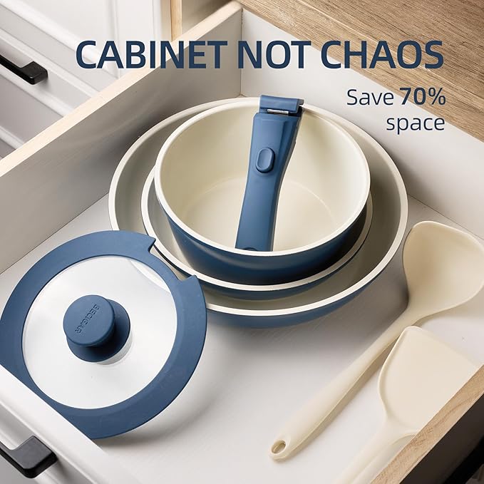 8PCS Ceramic Cookware,Nonstick Pan, Removable Handle Ceramic Pots and Pans Set, Stackable Set, Nonstick Pan Pots and Pans Set Non Stick pot(Blue)