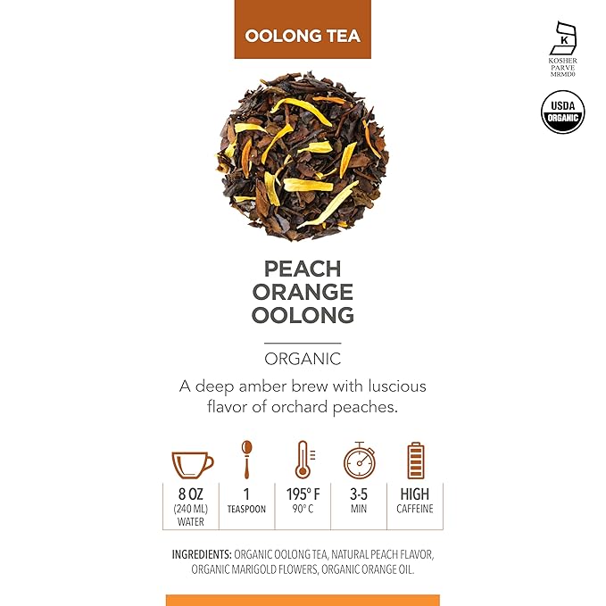 Teabloom Organic Oolong Tea, Peach Orange Loose Leaf Tea, USDA Certified Organic, Fresh Whole Leaf Blend in Reusable Gift Canister, 2.29 oz/65 g Canister Makes 35-50 Cups