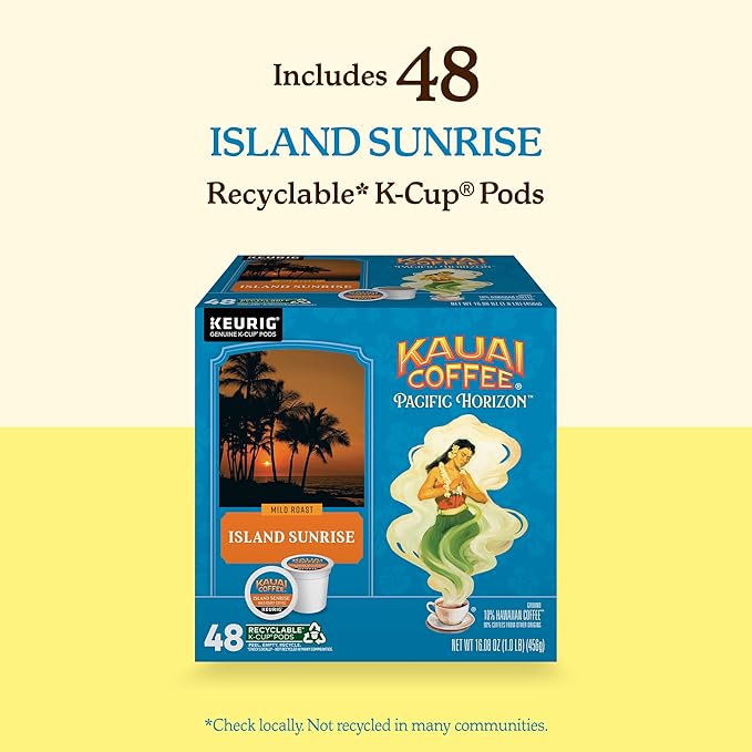 Kauai Coffee K-Cup Pods for Keurig Brewers – Arabica Coffee, 10% Hawaiian – Mild Roast, Light with Bright Aroma – Island Sunrise, 1 Pack of 48 Single Serve K-Cups