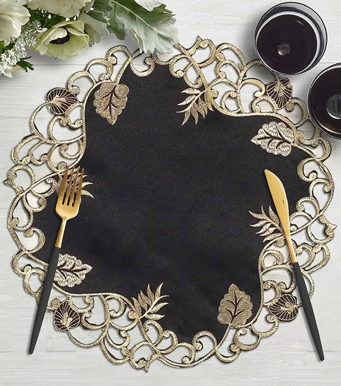 Decozen Set of 8 Doilies for Table, Lace Doilies - Rustic, Crochet, Farmhouse, Kitchen, Dining Table Centerpiece Decor - Round Christmas Placemats - 15 inch Gold Black, The Tarantino Collection