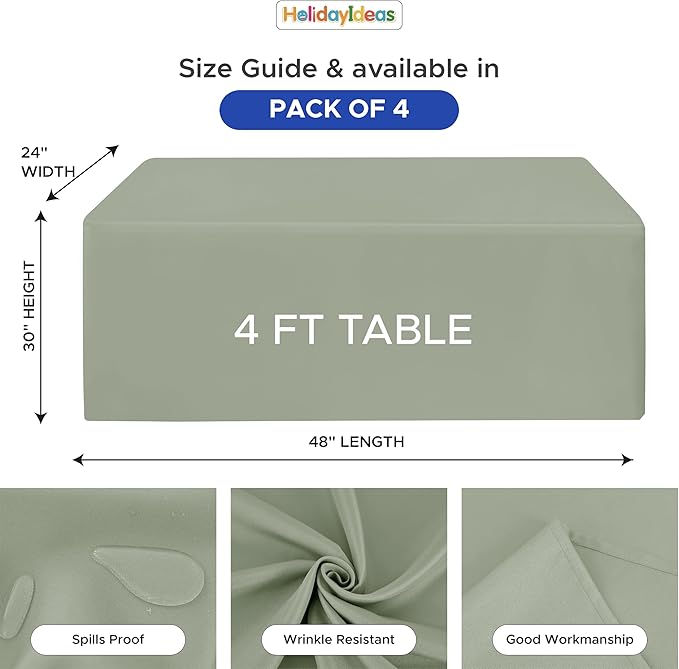 HolidayIdeas Fitted Tablecloths for 4 Foot Rectangle Table, Wrinkle Resistant Washable Table Cover 24x48 Inch for Vendor Booth Display, Banquet, Trade Show, Sage Green, 4 Pcs