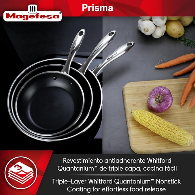 Magefesa Prisma Frying Pan Set, 7.8" & 9.4", 18/10 Stainless Steel, Triple-Layer Nonstick, Works on All Stovetops Including Induction, Oven Safe to 392°F, Dishwasher Safe, Durable Cooking Skillets