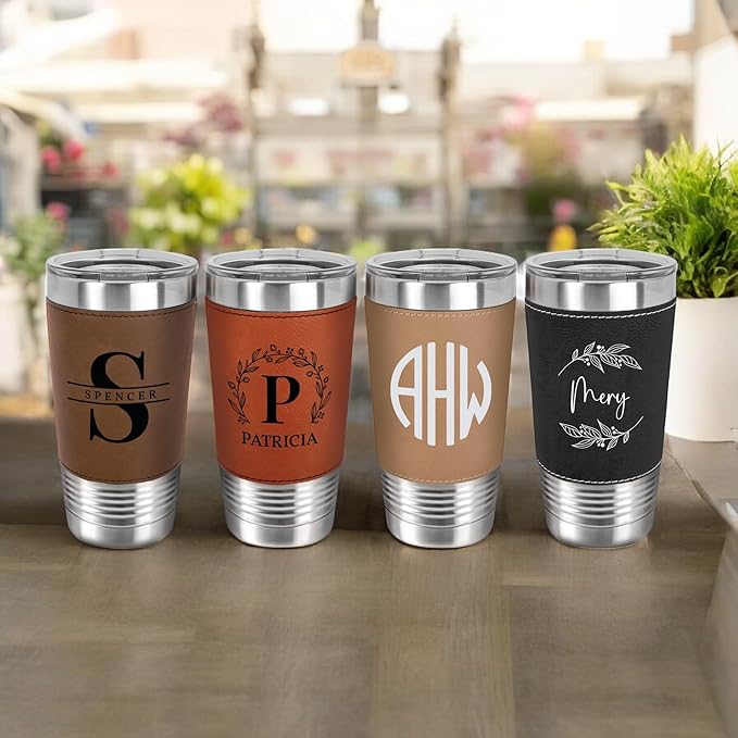 Personalized 20oz Leather Tumbler with Name and Logo, Personalized Stainless Steel Insulated Travel Mug Included Engraving, Custom Travel Mug for Hot & Cold Drinks, Vacuum Insulated