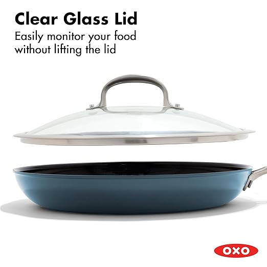 OXO Enhanced 12” Nonstick Frying Pan Skillet with Lid, Ceramic PFAS-Free Cookware, Durable Hard Anodized, Scratch Resistant, Stainless Steel Handle, Eggs & Omelets, Dishwasher & Oven Safe, Storm Blue