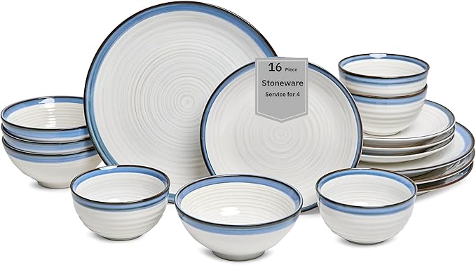 Sango Siterra Santorini 16-Piece Stoneware Dinnerware Set for 4, Ceramic White Plates and Bowls Sets with Blue Rim & Reactive Glaze, Chip Resistant Dish Set, Microwave & Dishwasher Safe Kitchen Dishes
