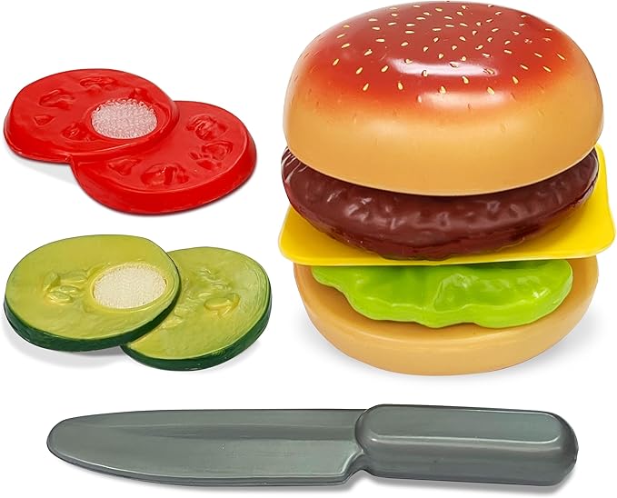 Small World Toys Build-A-Burger Play Food Set – Pretend Play Food Set for Kids – Toy Kitchen Accessories Pretend Food Burger Toy Hamburger – Birthday Gift for Kids 3+