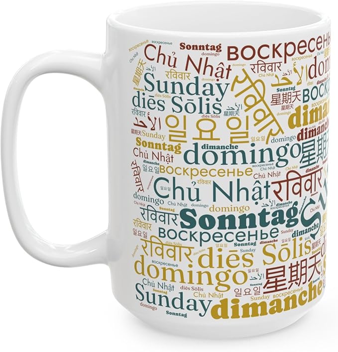 Vintage Sunday Word Cloud Mug | Global Languages Design | Teacher Appreciation Gift