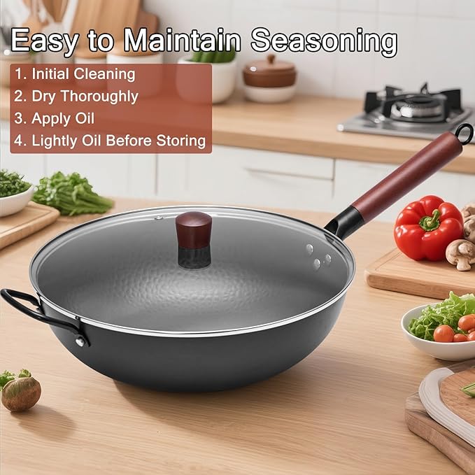 WANGYUANJI Carbon Steel Wok with Lid, 13.4" Hand Hammered Stir Fry Pan with Detachable Wooden Handle, Flat Bottom Wok Pan for Electric, Induction & Gas Stoves, No Coating (Black)