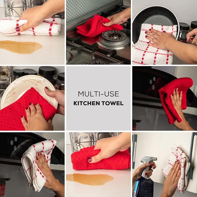GOLD TEXTILES Kitchen Towels 12 Pack Premium 100% Cotton Dish Towels for Kitchen (15 x 25 Inches) Super Soft & Absorbent Kitchen Hand Towels for Drying Dishes, Cleaning - Reusable and Washable (Red)