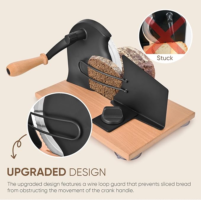 Manual Bread Slicer with Hand Crank, Classic Home Bread Slicer for Homemade Sourdough, Rotary Slicer with Adjustable Thickness, Premium Stainless Steel & Powerful Suction Cups (Black)