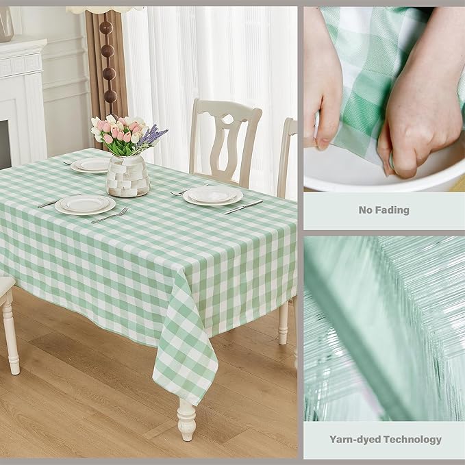 Gingham Tablecloth 55 x 95 Inch – Waterproof Rectangle Table Cloth, Yarn-Dyed Cotton Blend Checkered Tablecloth, Wipeclean Washable Spring Tablecloth for Dining, Camping, Outdoor (Green)
