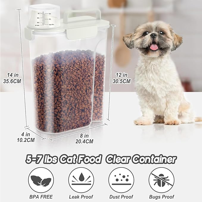 5-7Lbs Cat Dog Storage Container, Portable Pet Food Containers with Upgraded Large Spout and Cup, Small Animal Kibble Dispenser for Bird Seed, Oatmeal, Rice, Flour (White & Black)