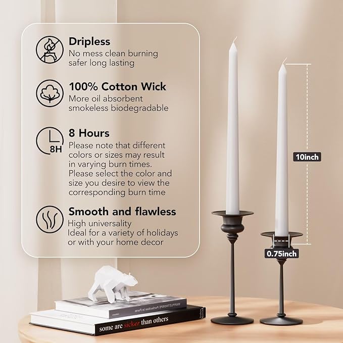 10-Inch Tall Dripless Taper Candles Set of 4 - White Tapered Candles, Perfect for Wedding,Dinner - Smokeless, Unscented, Long Burning - Hand Poured, Colored Tall Candlesticks - Blancas