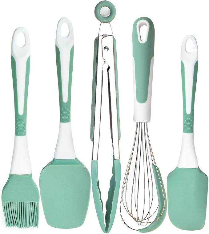 XoYoZo Silicone Kitchen Cooking Utensils Set Heat Resistant, 5 Pcs Silicone Spatula Set for Baking Cooking Mixing, Silicone Cooking Utensils Set for Nonstick Cookware, Dishwasher Safe (Green), Medium