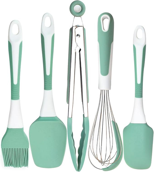 XoYoZo Silicone Kitchen Cooking Utensils Set Heat Resistant, 5 Pcs Silicone Spatula Set for Baking Cooking Mixing, Silicone Cooking Utensils Set for Nonstick Cookware, Dishwasher Safe (Green), Medium