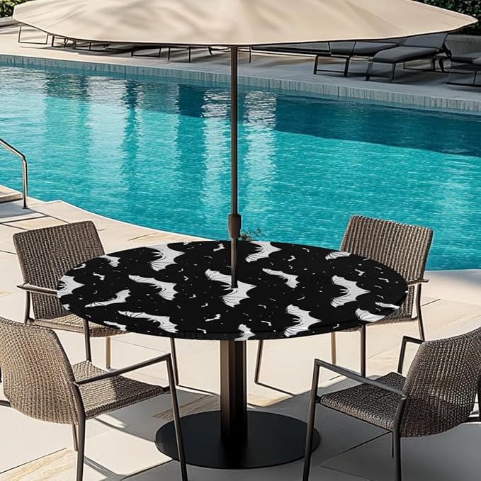 Outdoor Fitted Round Table Cloth with Umbrella Hole, Halloween Bats Circle Elastic Tablecloth 45"-56" Waterproof Zipper Patio Table Cover for Picnic Camping Party Halloween Decoration