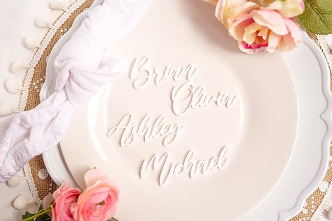 Acrylic Customized Wooden Name Tags for Place Setting, Personalized Place Cards for Weddings, Bridal Showers and Events, Cursive Laser Cut Seating Cards