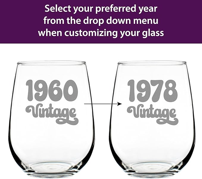 Bevvee Custom Vintage 1960 Stemless Wine Glass - Personalized Birthday Gifts for Women & Men - Bday Party Decor - Large 17 oz