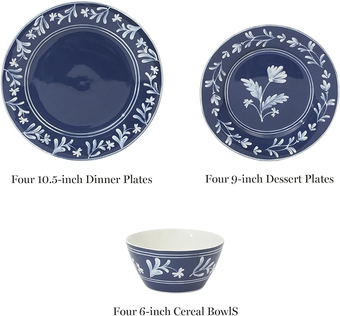 Martha Stewart Maiden Crown 12-Piece Sky Blue Dinnerware Set – New Bone China Ceramic Plates & Bowls – Floral Design – Service for 4 – Microwave & Dishwasher Safe