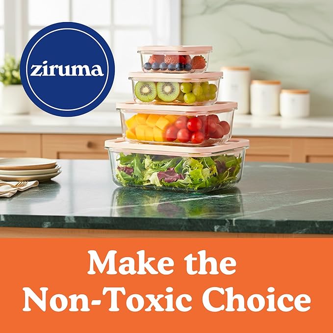 Ziruma Non-Toxic 4 Pack - Glass Food Storage Containers With Lids – Plastic Free, Airtight Meal Prep Containers, Multi-Size (12, 21, 35, 50 Oz), Microwave & Freezer Safe