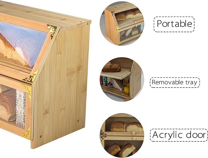 ARTAWEIN Extra Large Bamboo Corner Bread Box for Kitchen Countertop - Double Layer, Airtight Bread Bin and Holder, Natural Bread Storage Container, Ideal Natural Breadbox Keeper for Homemade Breads