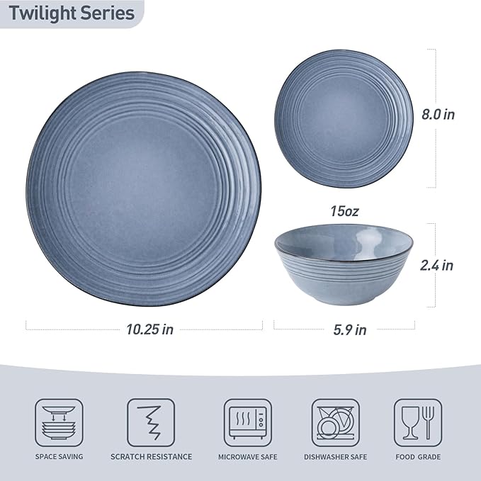 Famiware Plates and Bowls Sets 24-Piece Stoneware Dinnerware Sets, Dishes Set for 8, Hand-made Reactive Glaze Dish Set, Twilight Series, Blue