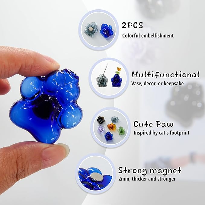 Nuvretk 2PCS Cat Whisker Holder – Mini Fridge Magnet Vases with Glass Paw Design for Keepsake, Pet Hair, or Flower Display (Blue & Gray)