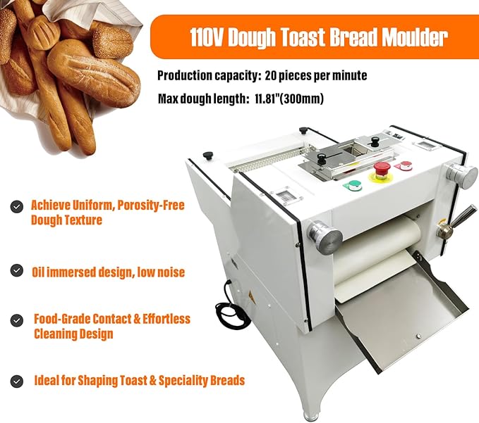 Commercial Toast Bread Shaping Machine, 11.81" Max Dough Length, 20pcs/min Dough Forming Machine for Square Bag, Bread and Baguettee 110V