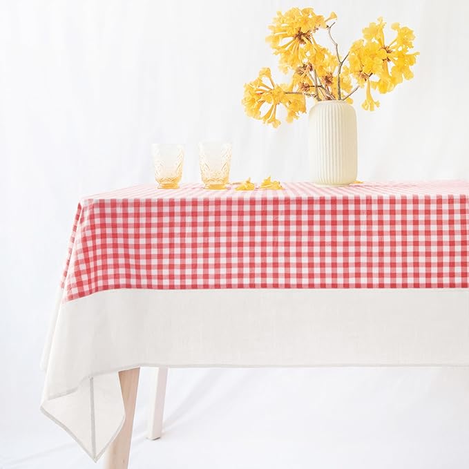 MONDAY MOOSE Gingham Checkered Farmhouse Rustic Picnic Style Decoration Square Natural Stonewashed Cotton Tablecloth for Kitchen, Dining Room, Restaurant (60" Square, Red/White)
