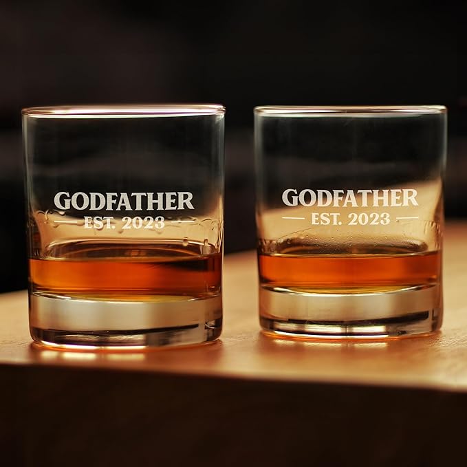 Bevvee Godfather Est 2023 - New Godfather Whiskey Rocks Glass Proposal Gift for First Time Godparents - Set of 2 - Bold 10.25 Oz Glasses