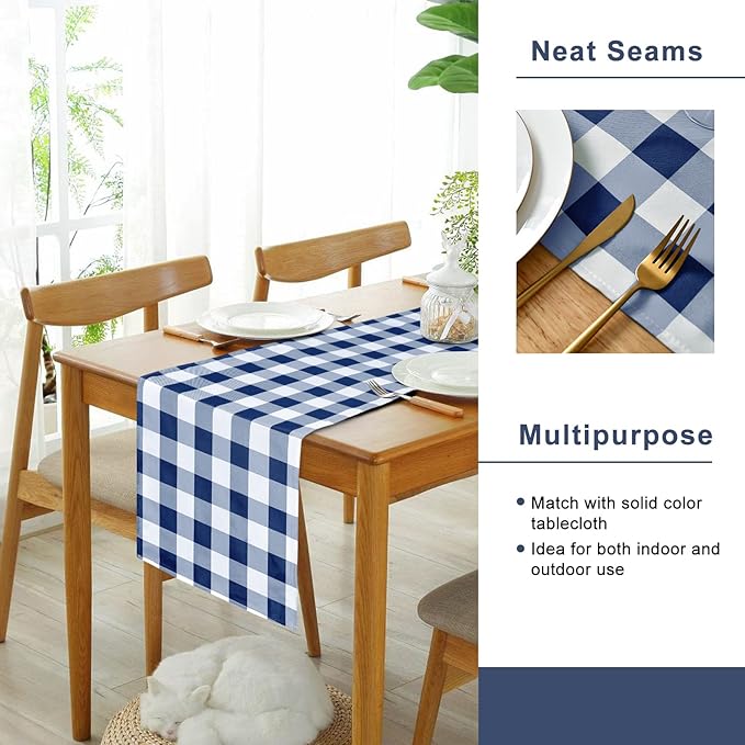 Hiasan Buffalo Plaid Table Runner, Classic Farmhouse Tabletop Collection, Waterproof Table Runner for Kitchen Dining, Banquet, Restaurant, Outdoor Use, 14W x 72L, Navy Blue and White, 1 Piece