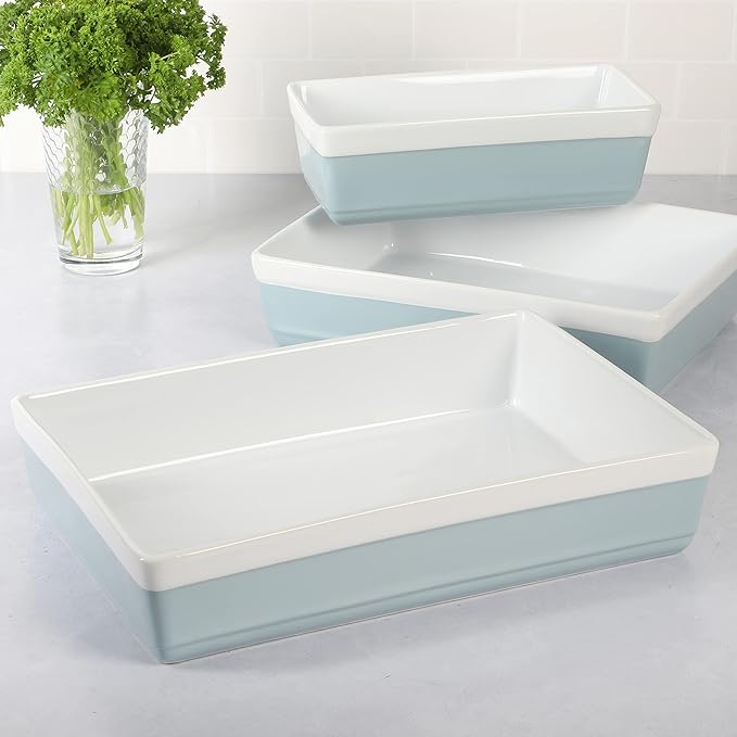 MARTHA STEWART 3-Piece Oven to Table Stoneware Bakeware Set – Baking Dish & Casserole Set – Dusty Blue – Durable Oven-Safe Bakeware for Baking and Serving
