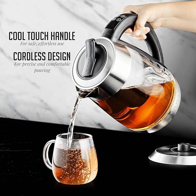OVENTE Electric Tea Kettle with Temperature Control and Removable Tea Infuser, 1500W Water Boiler and Heater with 1.8L Borosilicate Glass, BPA Free, Auto Shut Off & Boil Dry Protection, Silver KG6610S