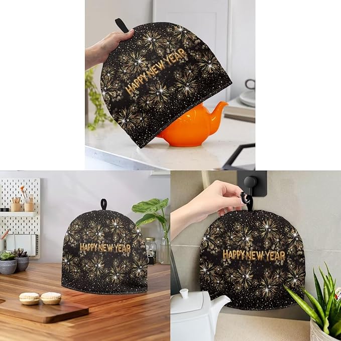 Happy New Year Letter Print Tea Cosy Pot Cozies Decorative Accessories for Teapots Insulated Beautiful Flower Tea Cozies Home Decor Pot Cozy for Keeping Warm Kitchen Accessory