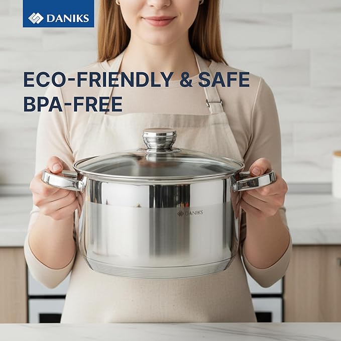 Daniks Standard 7 Quart Stainless Steel Stock Pot with Glass Lid, Try-Ply Bottom for Even Heating, Induction Compatible, Dishwasher Safe, Built-In Measuring Scale, Silver