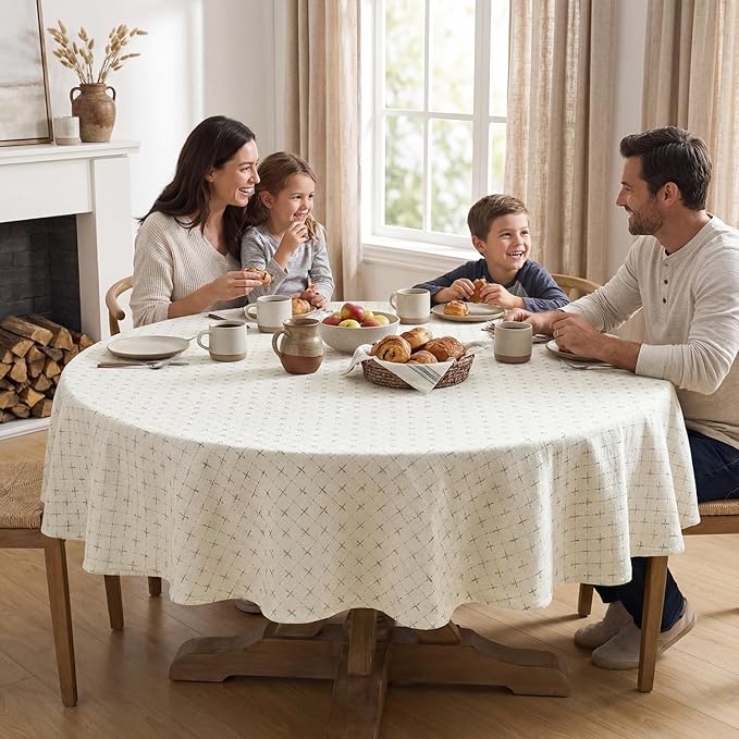 Horaldaily White Round Table Cloth, Cross-Star Solid Textured Embroidery Tablecloth, Wrinkle Free Washable 60×60 Inch Table Cover for Kitchen, Party, Wedding, Picnic, Outdoor