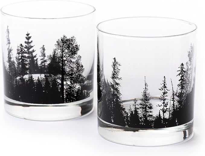 Black Lantern Single Whiskey Glass - Forest Landscape- 11oz. Low Baller Tumbler Solid Base - Bourbon Glass - Cocktail & Everyday Use Drinking Glasses for Nature Lovers (One 11oz. Glass)