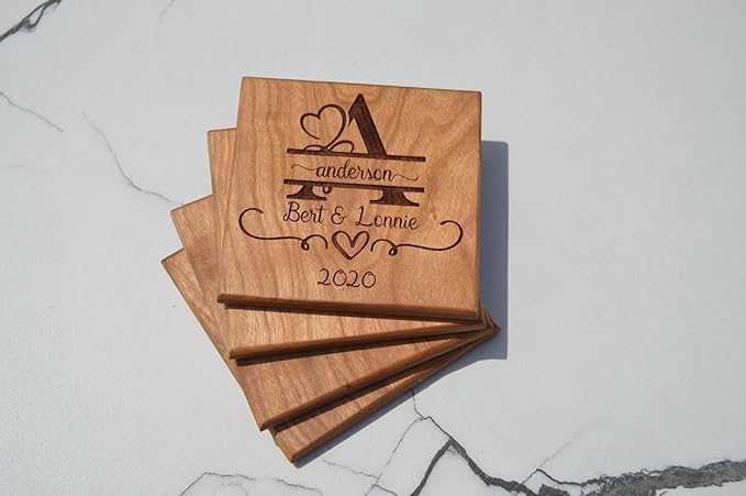 Personalized Wooden Coasters with Monogram, Wedding Date Engraved, Family Name- Choice of Wood (Wedding Couple)